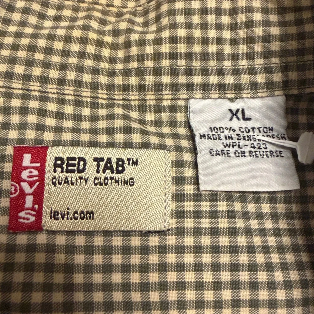 Vintage Levis Red Tab Gingham Check Button Down‎ Shirt Green Tan XL 49101-1833